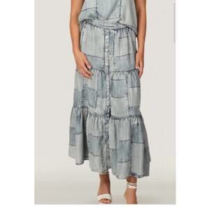 Dylan Mae Skirt Maxi Tiered Patchwork Chambray Denim Pull On Size Small